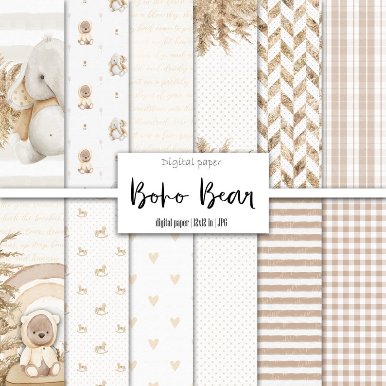 Boho baby bear digital paper, Nursery background, Instant download 