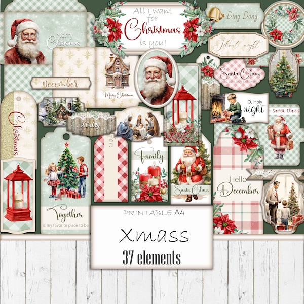 Christmas Digital Ephemena Kit, Printable Junk Journal Supplies, Scrapbooking pack, Classic Xmas Tags, Gift Labels,  Envelope, Santa Claus