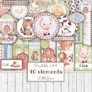 Kit de material efímero imprimible de Baby Little Farm, diario digital, etiquetas con animales lindos, etiquetas, materiales para manualidades, plantilla para álbum de recortes, género neutro
