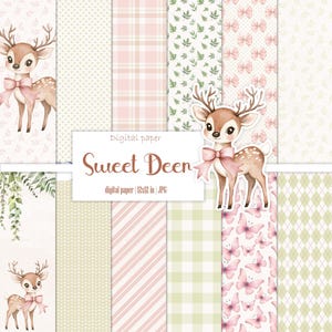 Peut inclure: Un ensemble de 10 papiers numériques représentant un adorable cerf aquarelle avec un nœud rose. Les papiers présentent divers motifs tels que des pois, du tartan, des rayures, des feuilles, des papillons et un motif en losange. Les papiers mesurent 12x12 pouces et sont au format JPG.