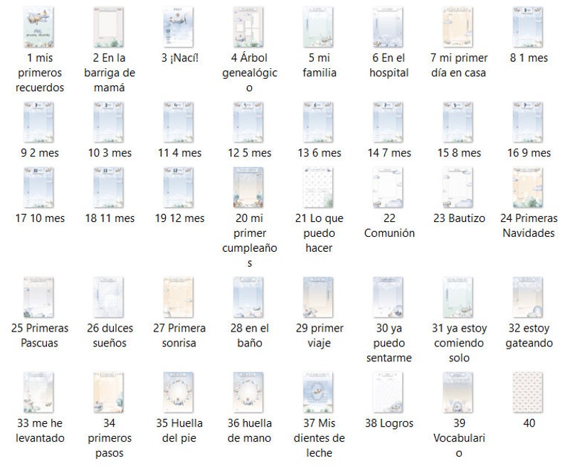 Może przedstawiać: Ilustrowana niebiesko-biała tabela z 40 ponumerowanymi kwadratami. Każdy kwadrat zawiera kamień milowy dla pierwszego roku życia dziecka, np. "pierwszy uśmiech", "pierwsza kąpiel" i "pierwsze kroki".
