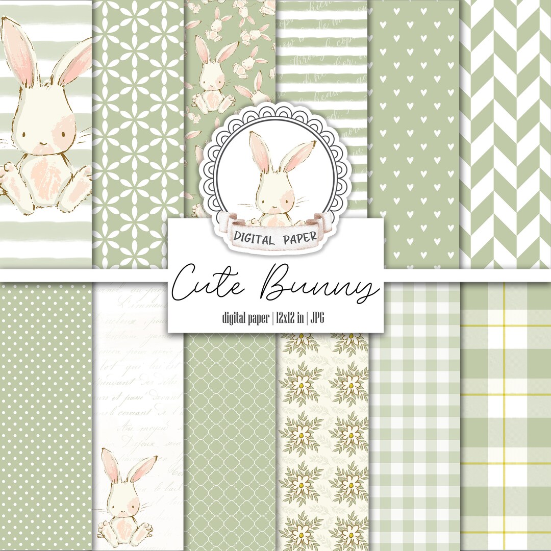 Tiny Green Rabbit Paper Baby Bunny Green Digital Paper Pack, Rabbit Pattern, Gendre Neutral ...