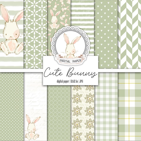 Baby Bunny Green Digital Paper Pack, Rabbit Pattern, Gendre Neutral Scrapbooking Basic, Girl, Boy Printable Junk Journal, Tags, Ephemera Kit