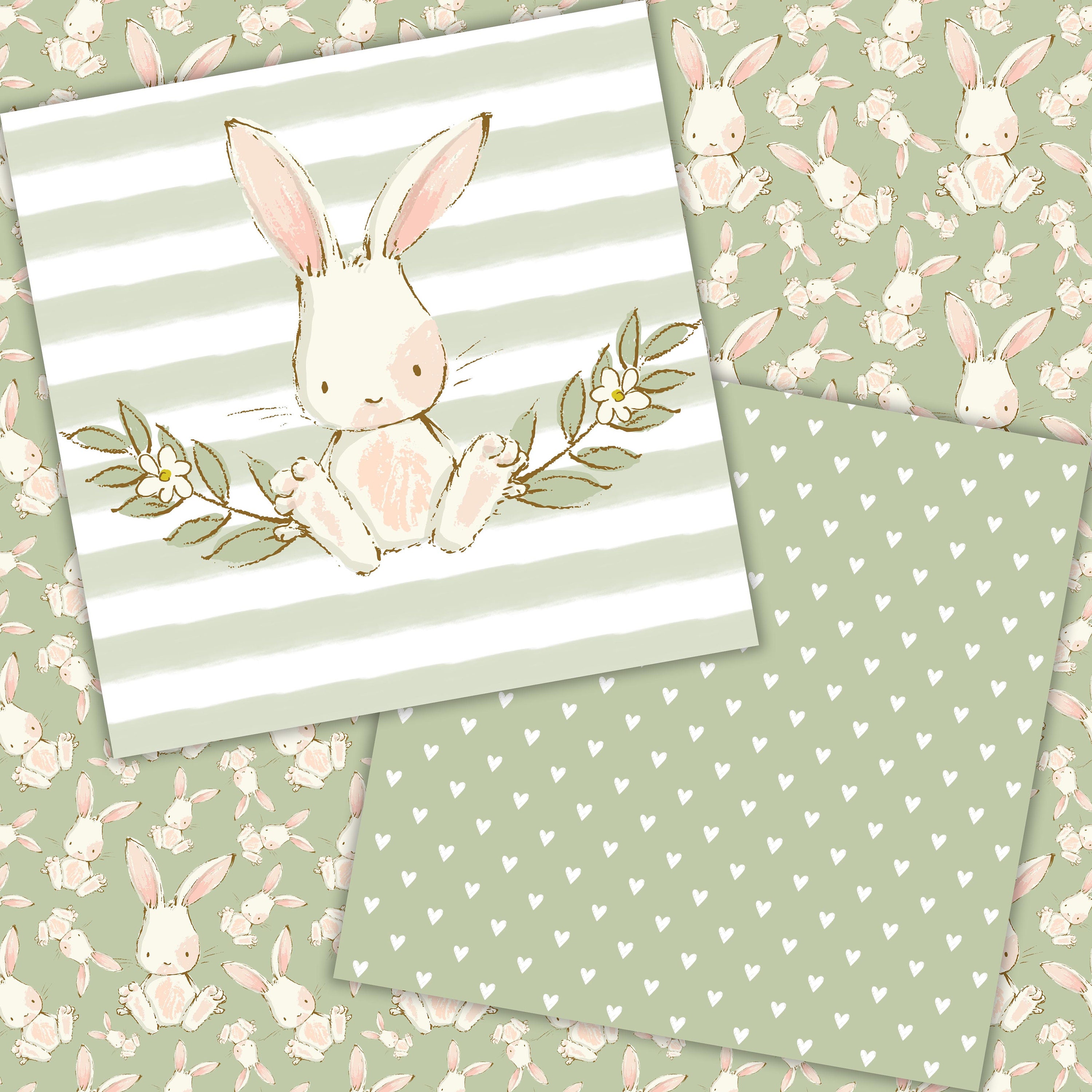 Tiny Green Rabbit Paper Baby Bunny Green Digital Paper Pack, Rabbit Pattern, Gendre Neutral ...