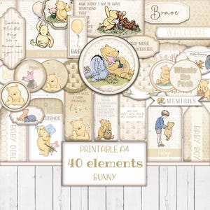 Kit de material efímero imprimible de Winnie the Pooh, diario digital, etiquetas para baby shower, etiquetas para guardería, materiales para manualidades, plantilla para álbum de recortes, descarga