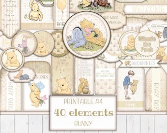 Winnie the Pooh Printable Ephemera Kit, Digital Junk Journal, Baby Shower Tags, Nursery Labels, Craft Supplies, Scrapbook Template, Download