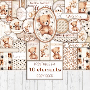 Kit éphémères imprimables bohème bébé ours, journal numérique indésirable, étiquettes de baby shower, étiquettes de chambre d'enfant, fournitures créatives, scrapbooking, png, téléchargement