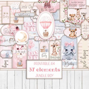 Kit de material efímero imprimible de niña de la jungla, PNG, diario basura digital, etiquetas para baby shower, etiquetas para guardería, suministros para manualidades, plantilla para álbum de recortes
