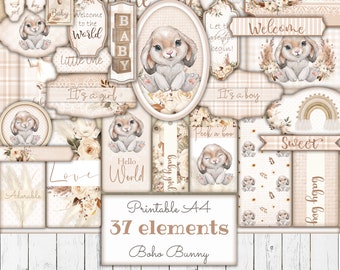 Boho Baby Bunny Printable Ephemera Kit, Digital Junk Journal, Baby Shower Tags, Nursery Labels, Craft Supplies, Scrapbook Template, Download