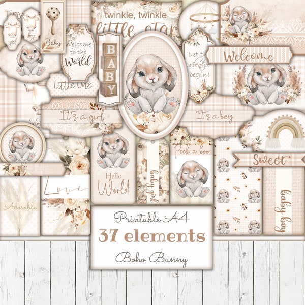 Boho Baby Bunny Printable Ephemera Kit, Digital Junk Journal, Baby Shower Tags, Nursery Labels, Craft Supplies, Scrapbook Template, Download