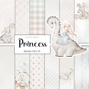 May include: Digital paper pack with a princess theme. The papers feature a variety of patterns, including stripes, polka dots, and floral designs. The papers are perfect for scrapbooking, card making, and other craft projects.