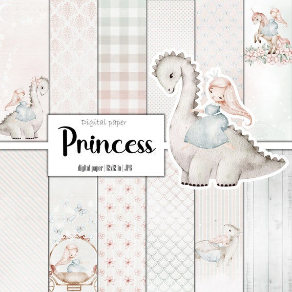 Princess Digital Paper Pack, Dino Nursery Pattern, Fairytale Unicorn Girl Album, Baby Scrapbooking, Download Ephemera, Junk Journal Kit