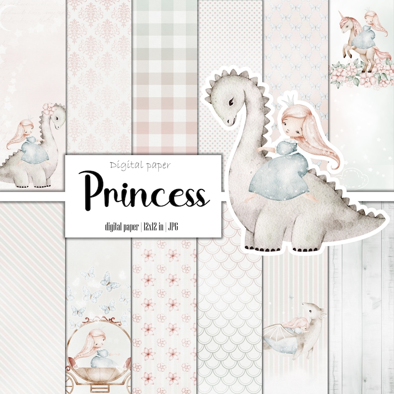 May include: Digital paper pack with a princess theme. The papers feature a variety of patterns, including stripes, polka dots, and floral designs. The papers are perfect for scrapbooking, card making, and other craft projects.