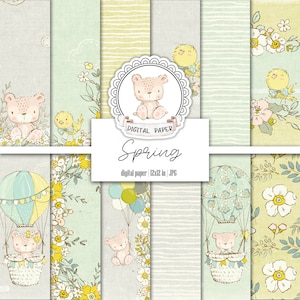 Kleine baby beer en vogel, gele bloemen, pastel digitaal scrapbook papier, Gendre neutraal, aquarel lente junk journal, afdrukbaar