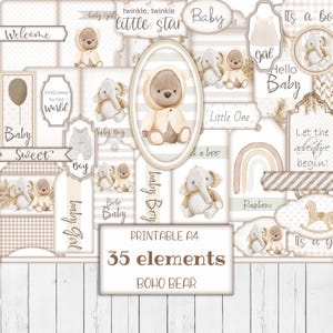 Kit de material efímero imprimible de osito de bebé bohemio, diario digital, etiquetas para baby shower, etiquetas para guardería, suministros para manualidades, plantilla para álbum de recortes, descarga