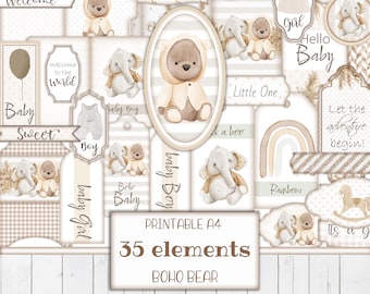 Boho Baby Bear Printable Ephemera Kit, Digital Junk Journal, Baby Shower Tags, Nursery Labels, Craft Supplies, Scrapbook Template, Download