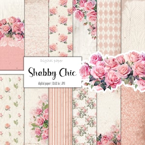 Vintage Shabby Chic Digital Paper Pack, Distressed Printable Scrapbook Collage Sheets, Antique Pink Rose Junk Journal, Download Ephemera Kit