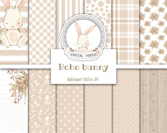 Boho Baby Bunny Digital Paper Pack, Rabbit Pattern, Gender Neutral Scrapbooking Basic, Girl, Boy Printable Junk Journal, Tags, Ephemera Kit