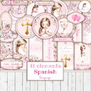 May include: A collection of 41 pink and gold elements for a Spanish language project. The elements include illustrations of a girl praying, crosses, floral designs, and text such as "Bienvenida" and "Bautizo". The overall theme is religious and celebratory.