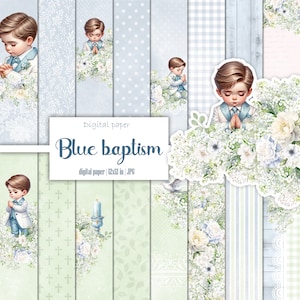 Pacote de papel digital de batismo azul, álbum de scrapbook Green Boy, padrão de flor, pomba, batizado, kit de coisas efêmeras para impressão cruzada, Junk Journal