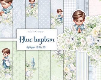 Pack de papier numérique de baptême bleu, album de scrapbooking Green Boy, motif de fleurs, colombe, baptême, kit éphémère imprimable croix, journal indésirable