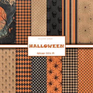 May include: A set of 12 digital papers featuring Halloween themed patterns in orange, black, and brown. The patterns include skeletons, spiders, skulls, polka dots, plaid, and more. Digital paper | 12x12 in | JPG