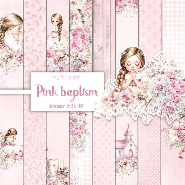 Paquete de papel digital de bautismo rosa, álbum Girl Scrapbook, patrón de flores, iglesia, bautizo, kit de efímeras imprimibles cruzadas, diario basura