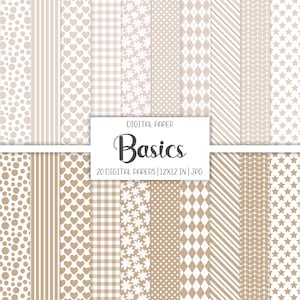 Può includere: Un set di 20 carte digitali in beige e bianco con vari motivi, tra cui pois, strisce, cuori, gingham, fiori, rombi e stelle. Le carte sono di 30,5 x 30,5 cm e sono in formato JPG. Il testo "Digital Paper Basics" è in alto nell'immagine.