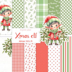 Weihnachtself Digital Paper Pack, festliches Scrapbooking-Album, Rotes Weihnachtsmuster, Junk Journal, Ephemera Kit, Kartenherstellung, sofort download