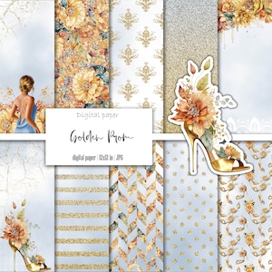 Confezione di carta digitale, Ragazza autunnale, Carta stampabile con tacchi alti, Fiori dorati, Bella Signora, Motivo floreale, Pois, Download istantaneo