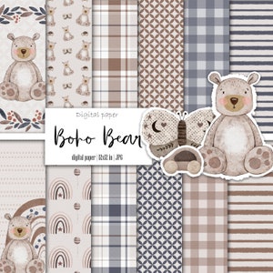 Boho baby boy bear carta digitale, sfondo della scuola materna, download istantaneo