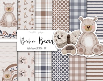 Boho baby boy bear digital paper, Nursery background, Instant download