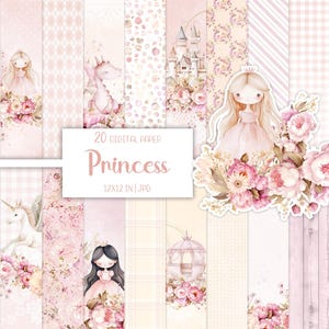 Pacchetto di carta digitale per principesse, unicorno, drago, album di ritagli di fiabe stampabile, modello di ragazza, sfondo stravagante, download immediato