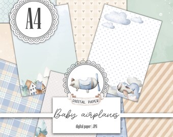 May include: A set of 8 digital papers in A4 size featuring a baby airplane theme. The papers include a blue and white plaid pattern, a light blue background with white dots, a light blue background with white clouds, a light brown background with white hearts, a light brown background with white stripes, a light blue background with white hearts, a light blue background with white squares, and a light green background with white dots. The papers are perfect for scrapbooking, card making, and other craft projects.