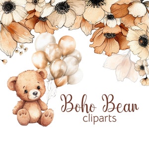 Conjunto de imágenes prediseñadas de oso bohemio de acuarela, imágenes prediseñadas de bebé niño, bebé niña, género neutro, baby shower, ilustración de flores, globos, uso comercial