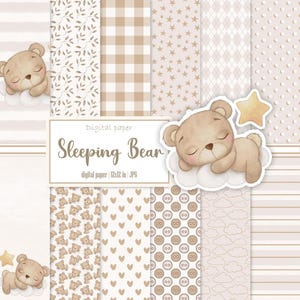 Paquet de papier numérique pour bébé, motif ours endormi, scrapbooking non sexiste, journal imprimable indésirable fille garçon, kit éphémères, téléchargement immédiat