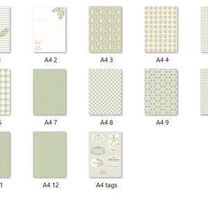 May include: A set of 12 printable digital papers in a green and white color scheme. The papers feature various patterns including stripes, polka dots, gingham, and geometric designs. There are also printable tags with a bunny and floral design.