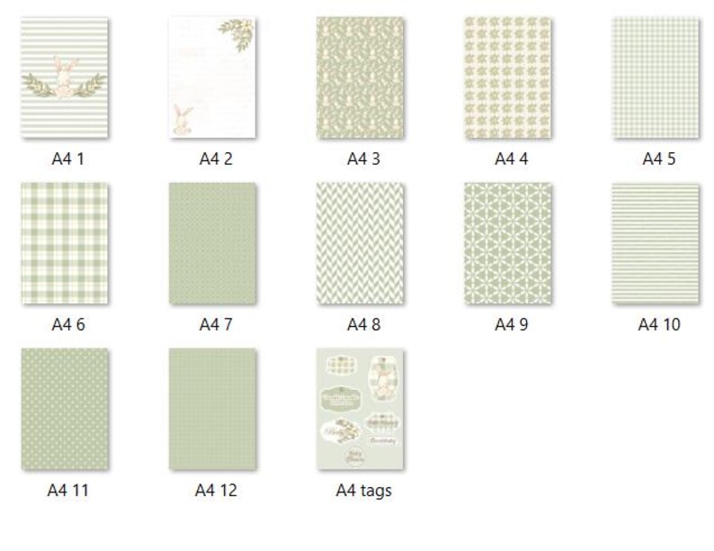 May include: A set of 12 printable digital papers in a green and white color scheme. The papers feature various patterns including stripes, polka dots, gingham, and geometric designs. There are also printable tags with a bunny and floral design.