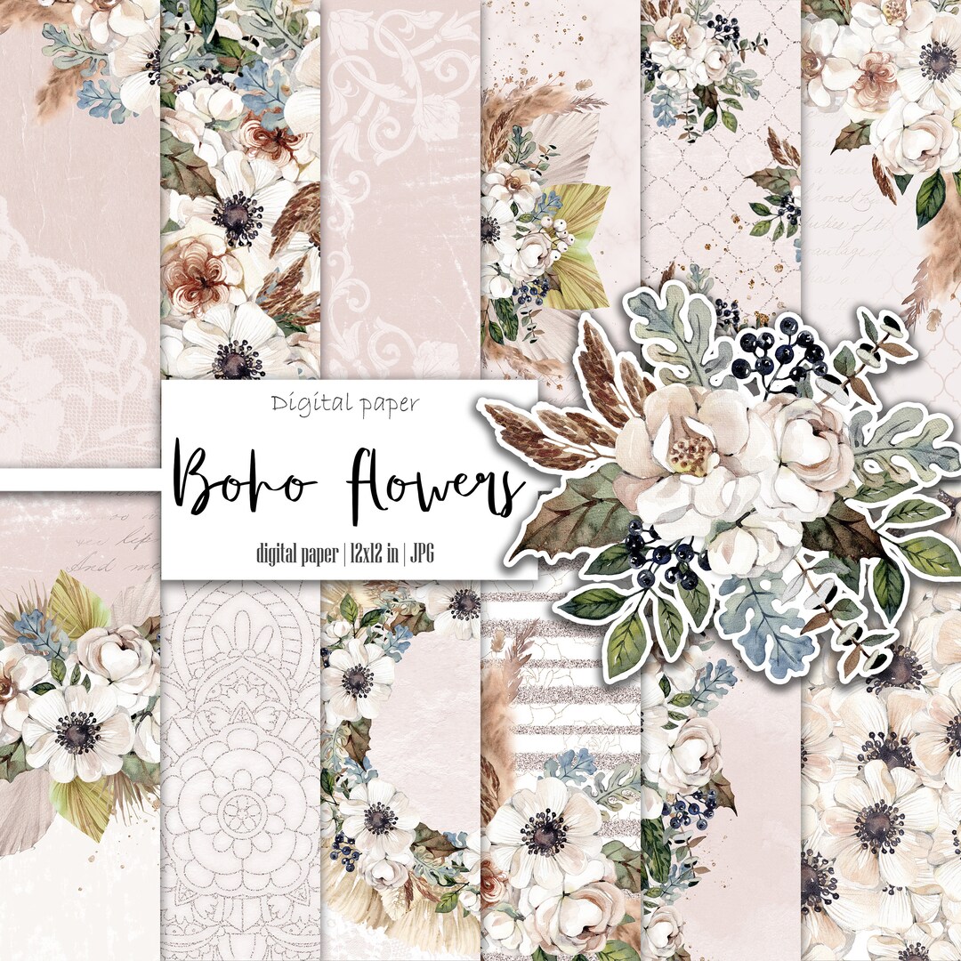 Boho Flower Digital Paper Pack, Blush Floral Pattern, Scrapbooking ...