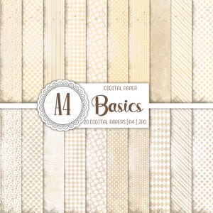 Paquete de papel digital básico A4, Boho Beige Distress, descarga instantánea, patrón de lunares amarillos para álbum de recortes, Junk Journal, kit de material efímero imprimible