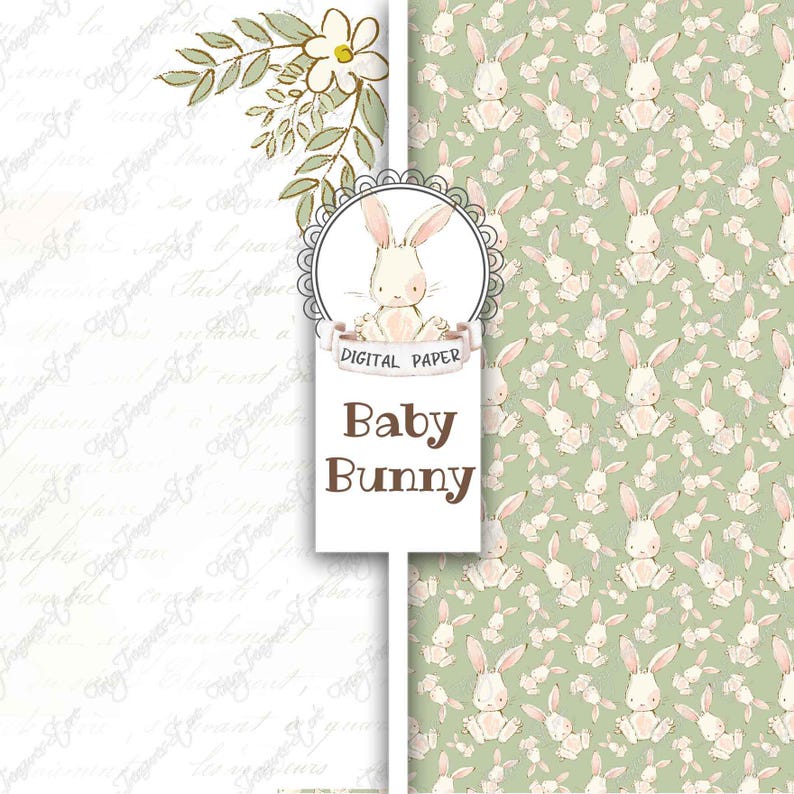May include: Digital paper featuring a white bunny with pink ears and nose, sitting on a green background with a repeating pattern of the same bunny. The text "Digital Paper" and "Baby Bunny" is also included.