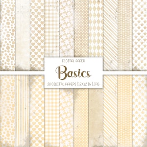 Peut inclure: Ensemble de 20 papiers numériques dans un schéma de couleurs beige et blanc. Les papiers présentent divers motifs, notamment des cœurs, du vichy, des étoiles, des pois et des rayures. Le texte "Digital Paper Basics 20 Digital Papers | 12x12 in | JPG" est affiché sur un fond beige.