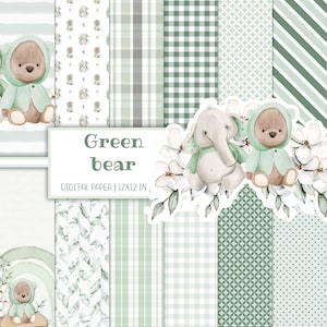 Pacchetto di carta digitale Boho baby bear, Genere neutro, Album di ritagli, Motivo verde, Kit di effimeri per la cameretta dei bambini, Junk Journal, Download immediato