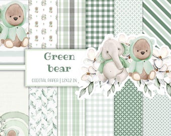 Boho baby bear digital paper pack, Gender neutral, Scrapbook album, Green pattern, Nursery Ephemera kit, Junk Journal, Instant download