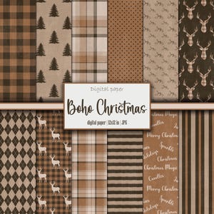 Könnte beinhalten: Ein digitales Papierpaket mit 12 verschiedenen Mustern in Braun, Beige und Weiß. Die Muster umfassen Karos, Punkte, Streifen und Rentiere. Der Text "Boho Christmas" und "digital paper | 12x12 in | JPG" ist im Bild enthalten.