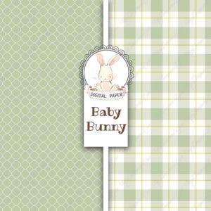 May include: Digital paper featuring two patterns: a green and white geometric pattern and a green and white plaid pattern. The patterns are separated by a white rectangle with a brown border. The rectangle contains a circle with a brown border and a white bunny inside. The text "Digital Paper" and "Baby Bunny" is printed on the rectangle.