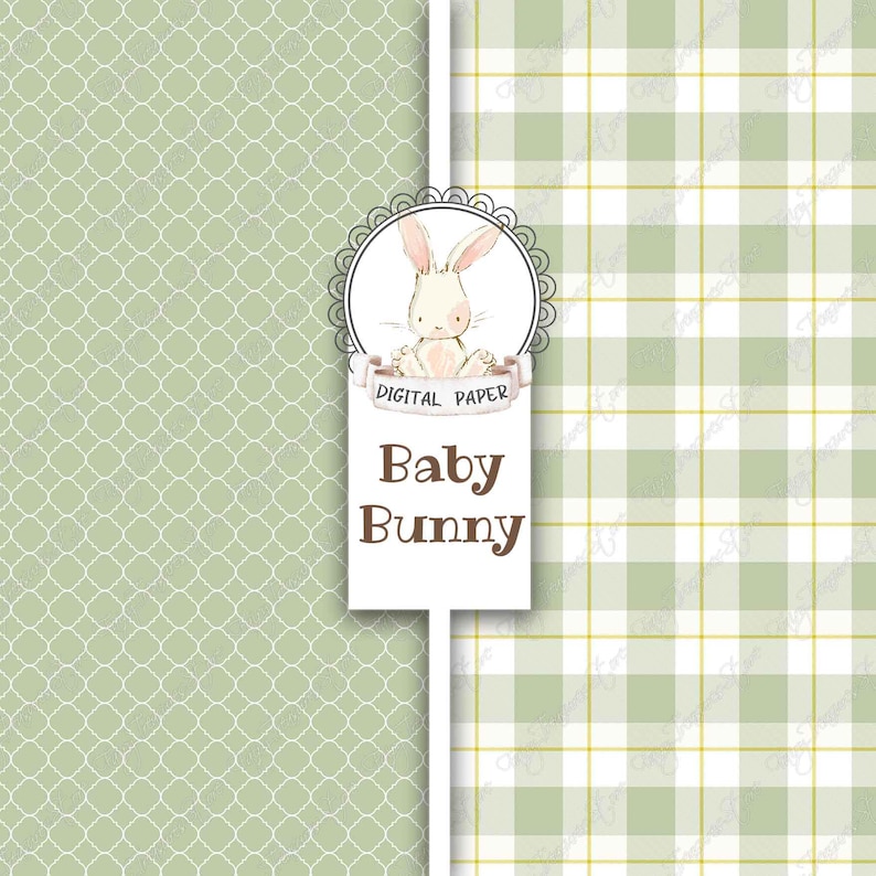 May include: Digital paper featuring two patterns: a green and white geometric pattern and a green and white plaid pattern. The patterns are separated by a white rectangle with a brown border. The rectangle contains a circle with a brown border and a white bunny inside. The text "Digital Paper" and "Baby Bunny" is printed on the rectangle.