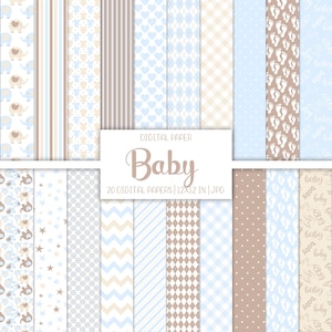 Confezione di carta digitale Blue Baby Boy Elephant, Beige, Download immediato, Album, Motivo neutro, Diario spazzatura, Kit effimero stampabile