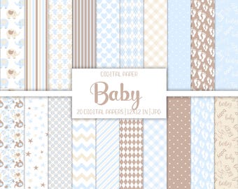 May include: A set of 20 digital papers in a baby theme. The papers feature various patterns in blue, brown, and white, including stars, polka dots, hearts, footprints, and elephants. The text "DIGITAL PAPER Baby 20 DIGITAL PAPERS |12X12 IN|JPG" is displayed on the image.