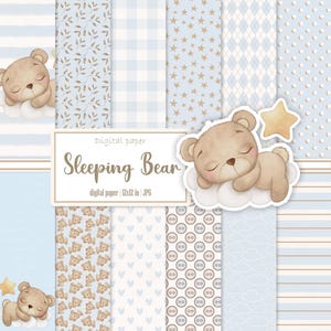 Paquet de papier numérique pour bébé, motif ours endormi, Scrapbooking non sexiste, carnet imprimé garçon bleu indésirable, kit éphémères, téléchargement immédiat